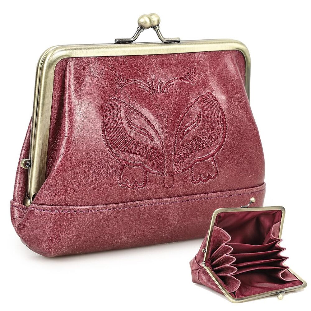 4005 Full Grain Leather Kiss Lock Coin Purse Fox Embroidery Coin Pouch